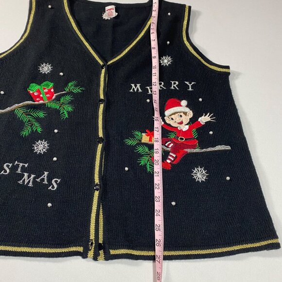 Womens XL Christmas Sweater Vest Holiday Time Black Merry Christmas Elf Design - Picture 5 of 7